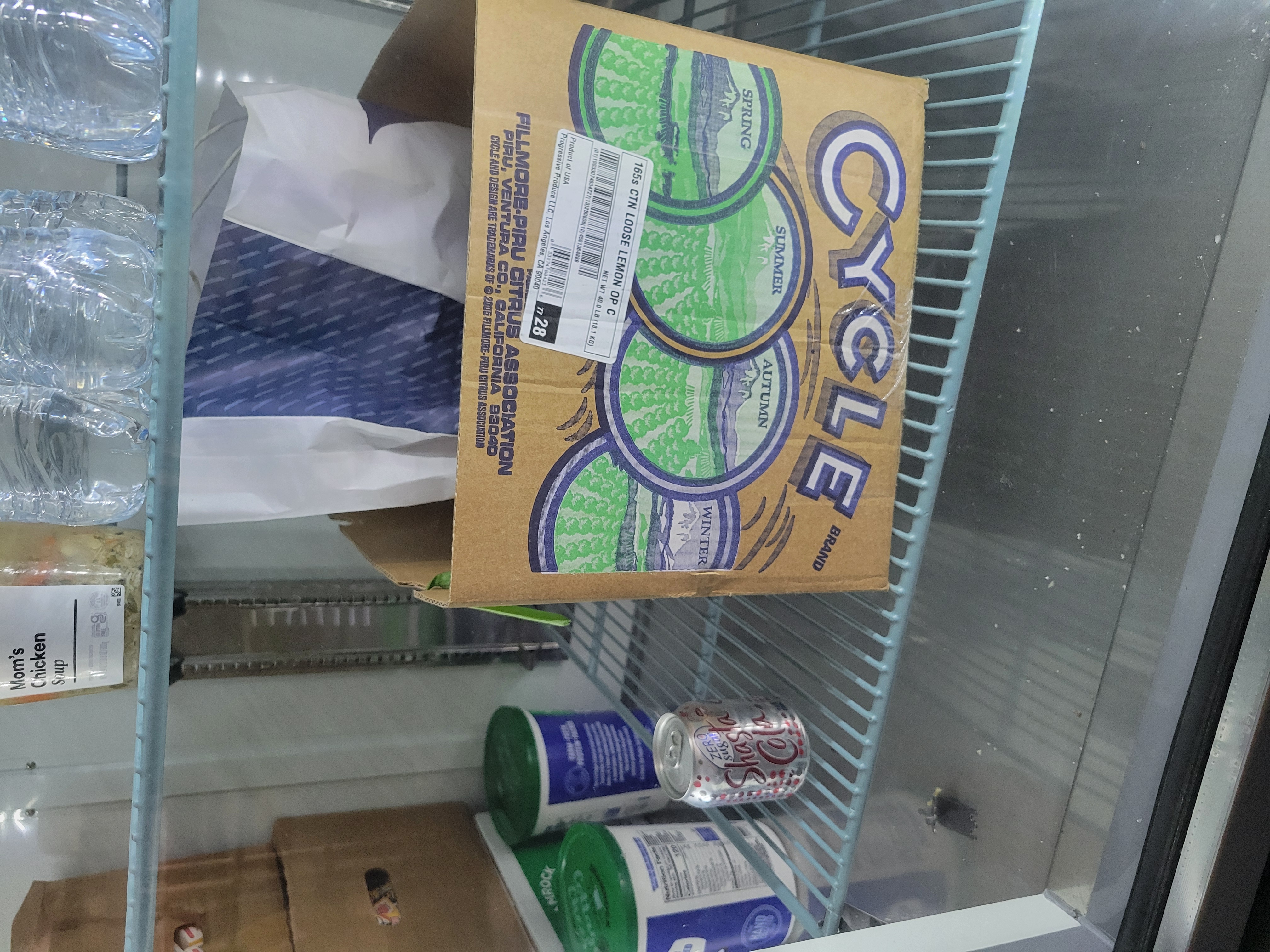 Paper bag in cardboard box and can of small zero sugar cola on a shelf of a fridge.